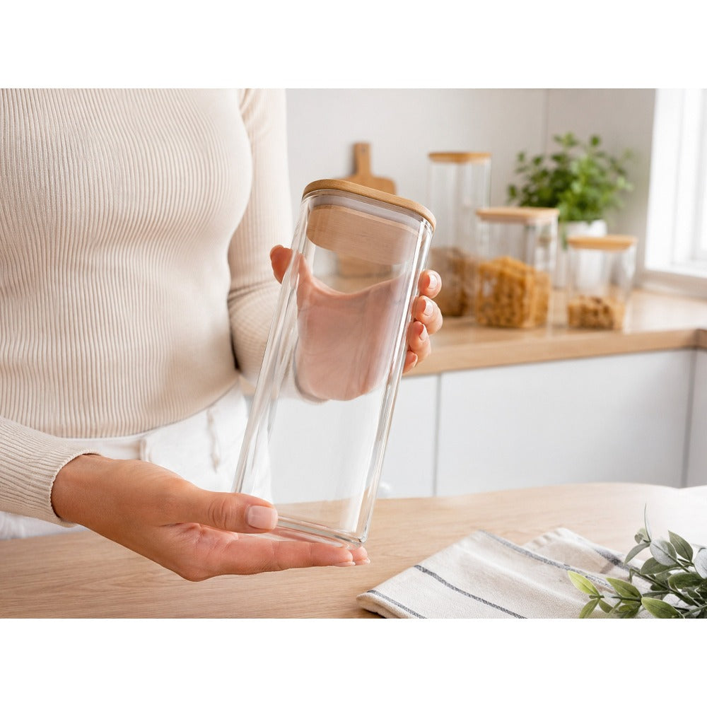 Set de recipientes grandes de vidrio para almacenamiento de alimentos, 4pza.s, 1000Ml | Tarros de cocina altos con tapa de bambú natural y sello de silicona | Contenedores de organización de cocina y despensa para productos secos, espagueti, arroz y cerea