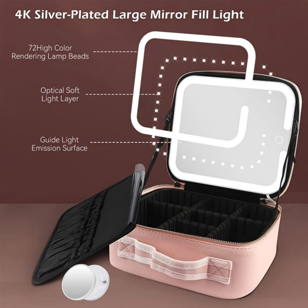 Neceser de Maquillaje, Bolso de Maquillaje con Espejo, Gran Capacidad, Bolso de Mano Portátil de Alta Gama, Bolsa de Almacenamiento de Cosméticos para Mujeres y Hombres, Espejo Redondo Pequeño de Detalle de Belleza con Aumento