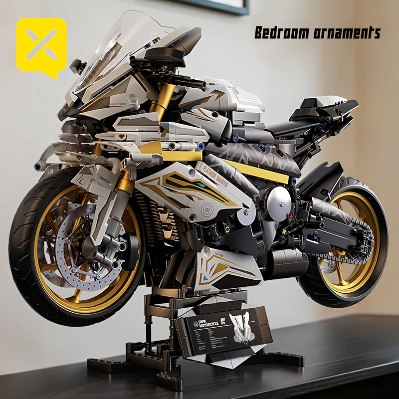 Modelo de motocicleta de bloques de construcción a escala grande 1:5 de 2078 piezas, color platino-dorado, fácil de montar y operar, adecuado como regalo para cumpleaños, Día de San Valentín y fiestas de Pascua