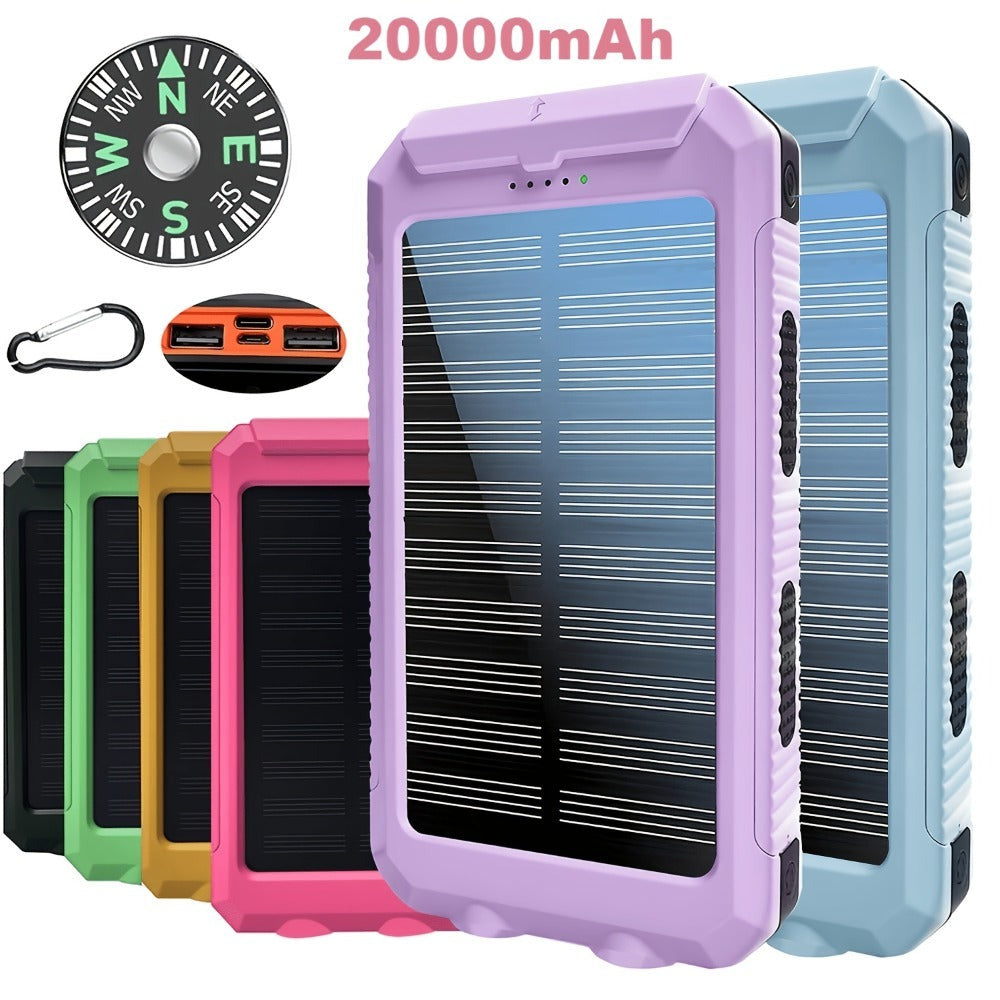 Batería Externa Solar Portátil de 20000Mah, Cargador Solar Portátil para Teléfonos Móviles, Cargador de Batería Externa para Camping para Teléfonos Móviles, 2 USB/ Linternas LED con Brújula para Actividades al Aire Libre