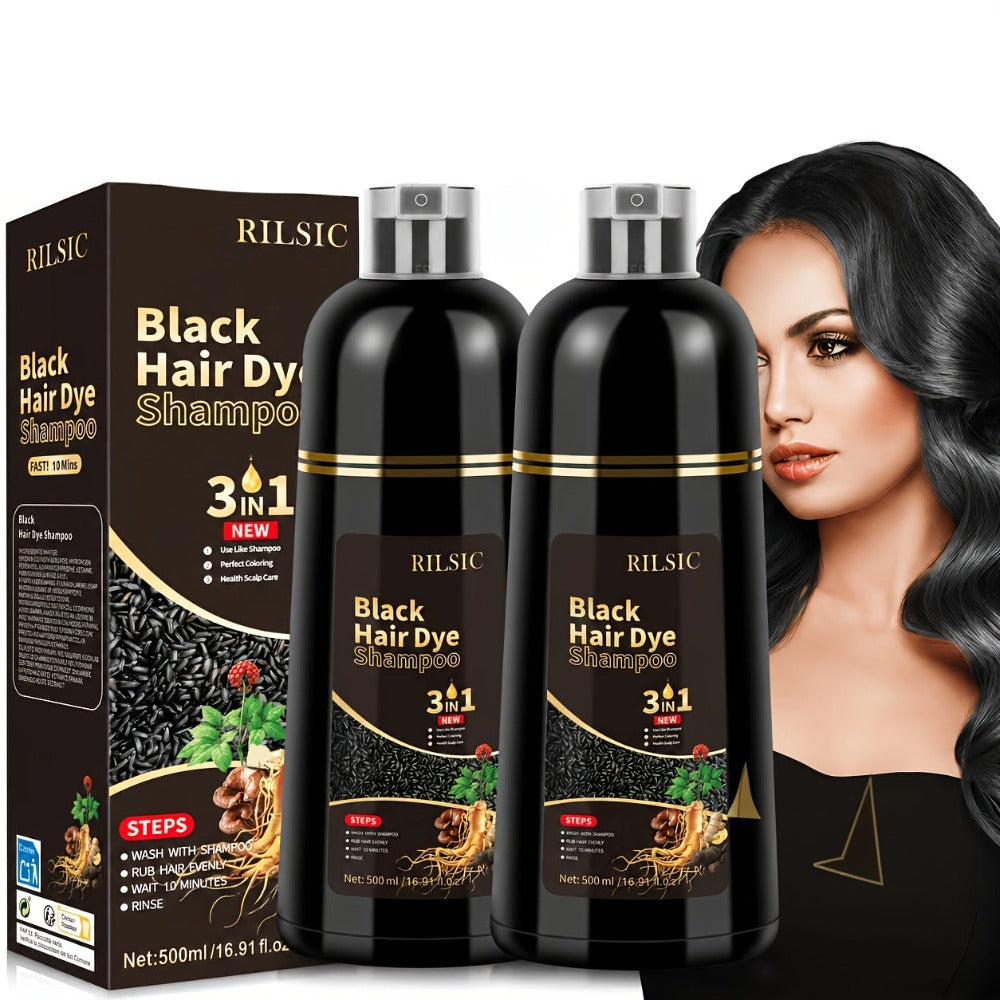 Pack de 2 Champú y Tinte para el Cabello (3 en 1), Apto para Hombres y Mujeres. Coloración Instantánea del Cabello, Cobertura 100% de Cabello Gris, Coloración Natural, Termina en Minutos. Fórmula Sin Amoniaco, Dura 30 Días. ¡Un Esencial para Navidad!