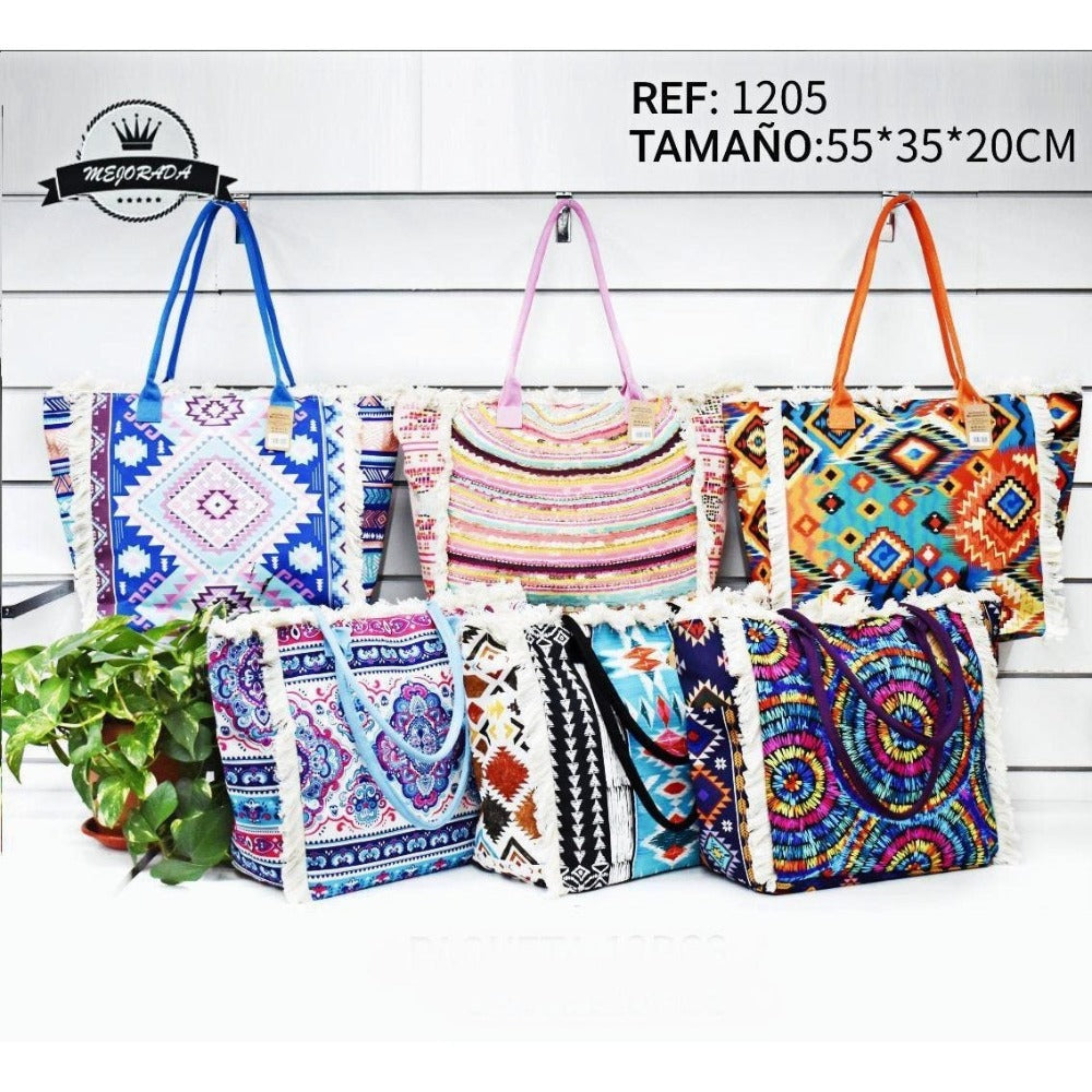 MEJORADA Bolso de playa grande con estampado bohemio, ideal para verano, con flecos de algodón, forro interior y bolsillos, 55×37×19 CM, tejido 100% poliéster