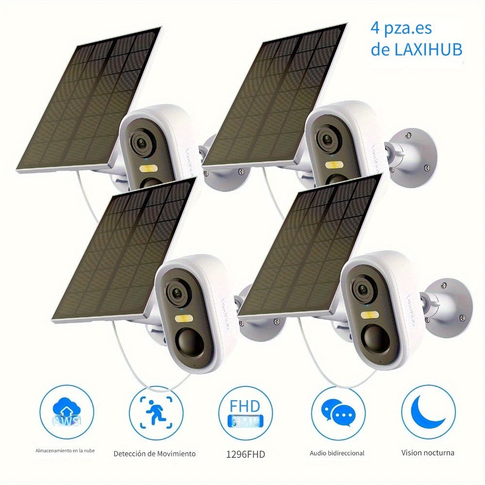 4pcs Cámara de Seguridad Solar LaxiHub, Cámara Inteligente Inalámbrica para Exteriores con Energía Solar, WiFi para Hogar, IP65, Visión Nocturna en Color, Audio Bidireccional, Seguimiento de Movimiento con IA, Control por APP