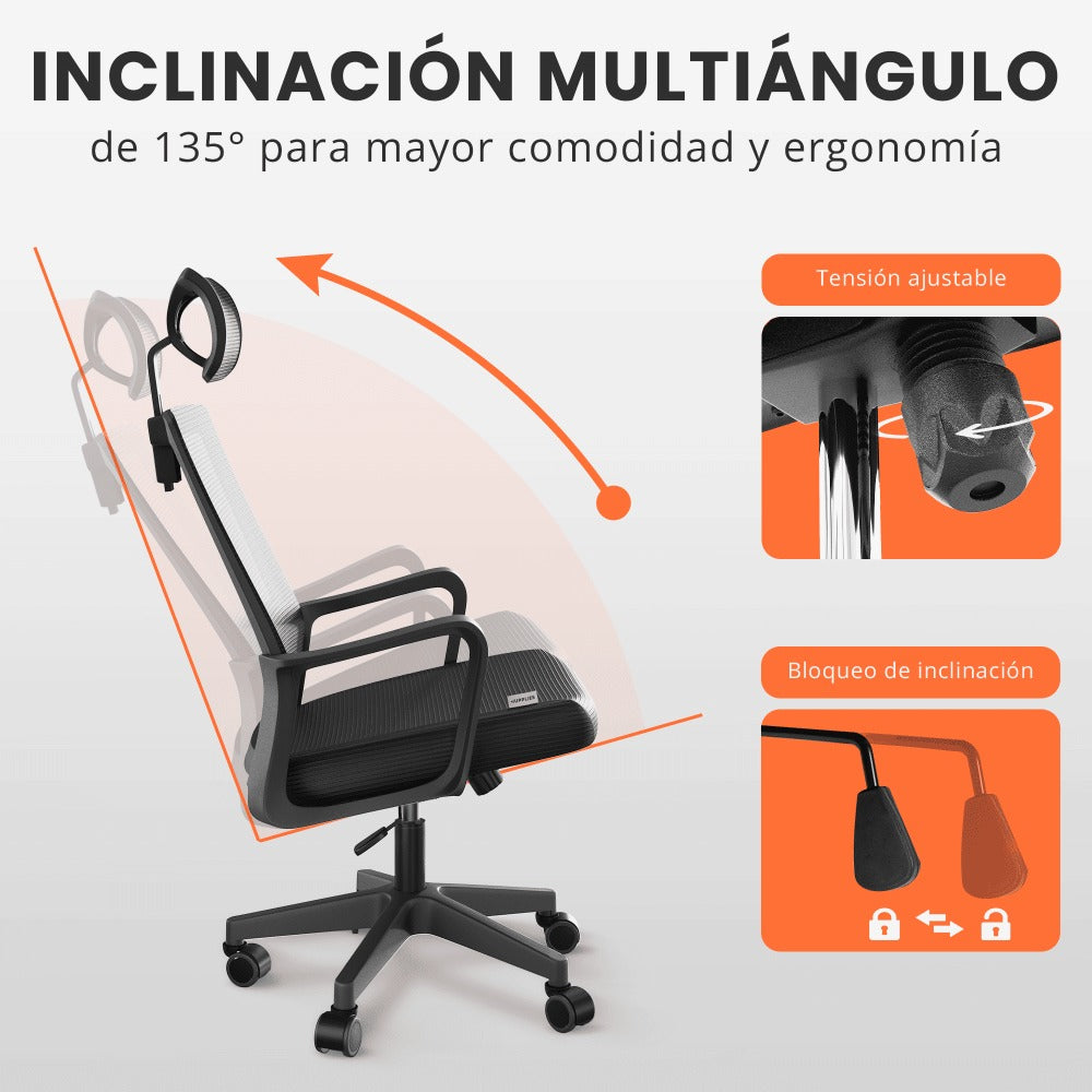 RELAXTY Silla de Oficina Ergonómica – Ajustable y Reclinable con Reposacabezas, Soporte Lumbar, Malla Transpirable y Ruedas 360° | Soporta Hasta 100 kg