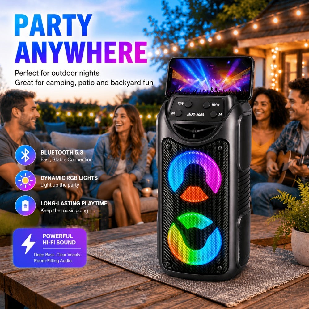 Altavoz inalámbrico portátil para fiestas con altavoces duales de 3 pulgadas, bajos profundos potentes, radio FM, luces ambientales LED y micrófono incorporado, altavoz de exterior de alto volumen para fiestas de verano, barbacoas en el jardín, camping, v