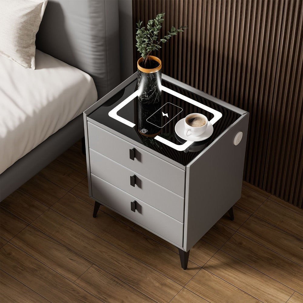 Mesita de noche inteligente gris, negra y blanca, con luz LED, 3 cajones, cómoda para sala de estar/dormitorio