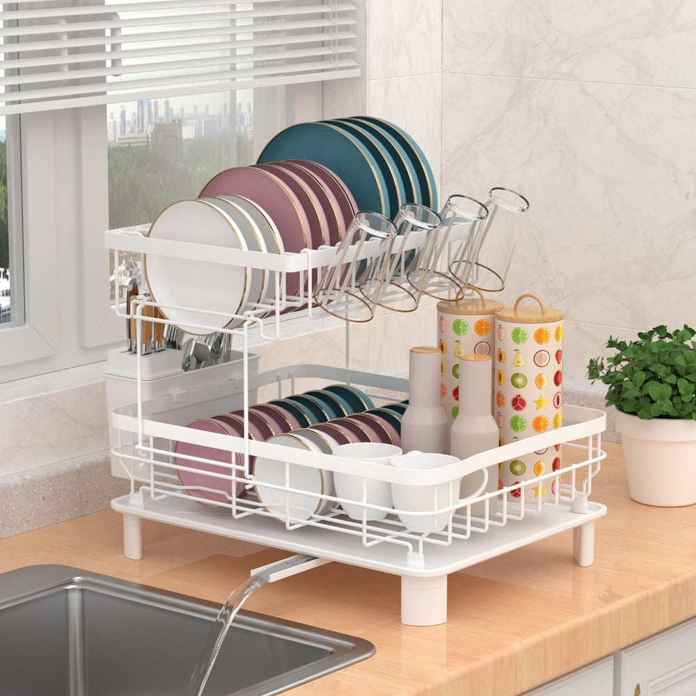 Estante de Platos de Doble Capa, Escurridor de Platos con Plato de Drenaje y Boquilla Giratoria, Estante de Platos con Organizador de Cubiertos y Portavasos - Regalo Perfecto para Mujeres, Esposa, Día de la Madre, Accesorio de Cocina