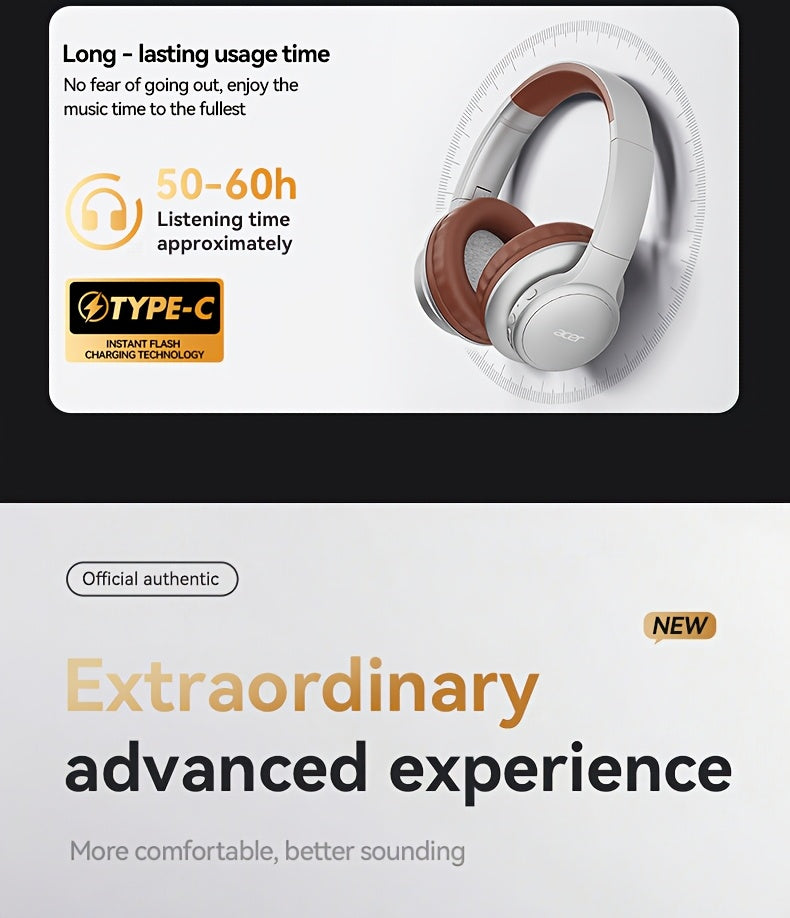 Auriculares Bluetooth | [Producto Oficial Acer] Auriculares Over-Ear Acer OHR559 OWS con Sonido Envolvente ACS, Bajos Potentes, Batería de Larga