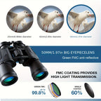 Prismáticos 10x50 para adultos, claridad HD, diseño compacto y duradero de plástico, enfoque central, incluye estuche de transporte y correa para observación de aves, observación de estrellas, viajes, fútbol