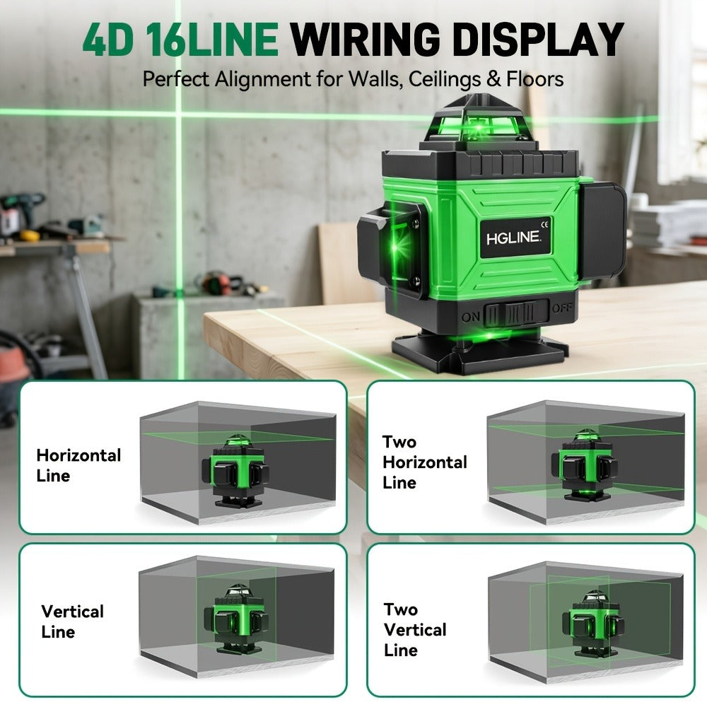 1 Juego de Nivel Láser de 16 Líneas con Nivelación Automática de 360°, Herramienta de Nivel Láser de Línea Cruzada Verde 4X360° para Construcción y Colgar Cuadros, Nivel Láser 4D con 2 Baterías Recargables