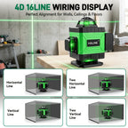 1 Juego de Nivel Láser de 16 Líneas con Nivelación Automática de 360°, Herramienta de Nivel Láser de Línea Cruzada Verde 4X360° para Construcción y Colgar Cuadros, Nivel Láser 4D con 2 Baterías Recargables