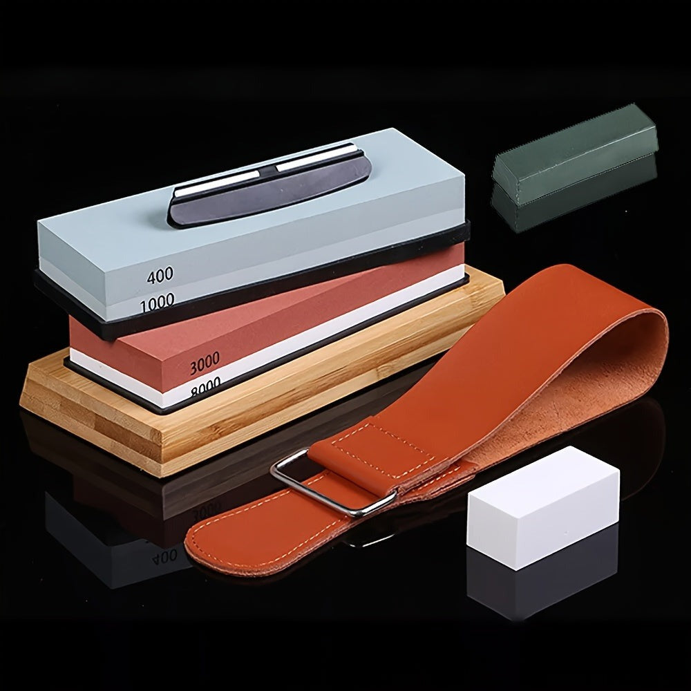 Kit Profesional de Piedra de Afilar para Cuchillos, Piedra de Agua de 4 Lados con Granos 400/1000/3000/8000 y Base de Bambú Antideslizante, Piedra de Aplanar y Tira de Cuero, Restaura Eficazmente el Filo de la Hoja, Juego de Piedras de Afilar para Cuchill