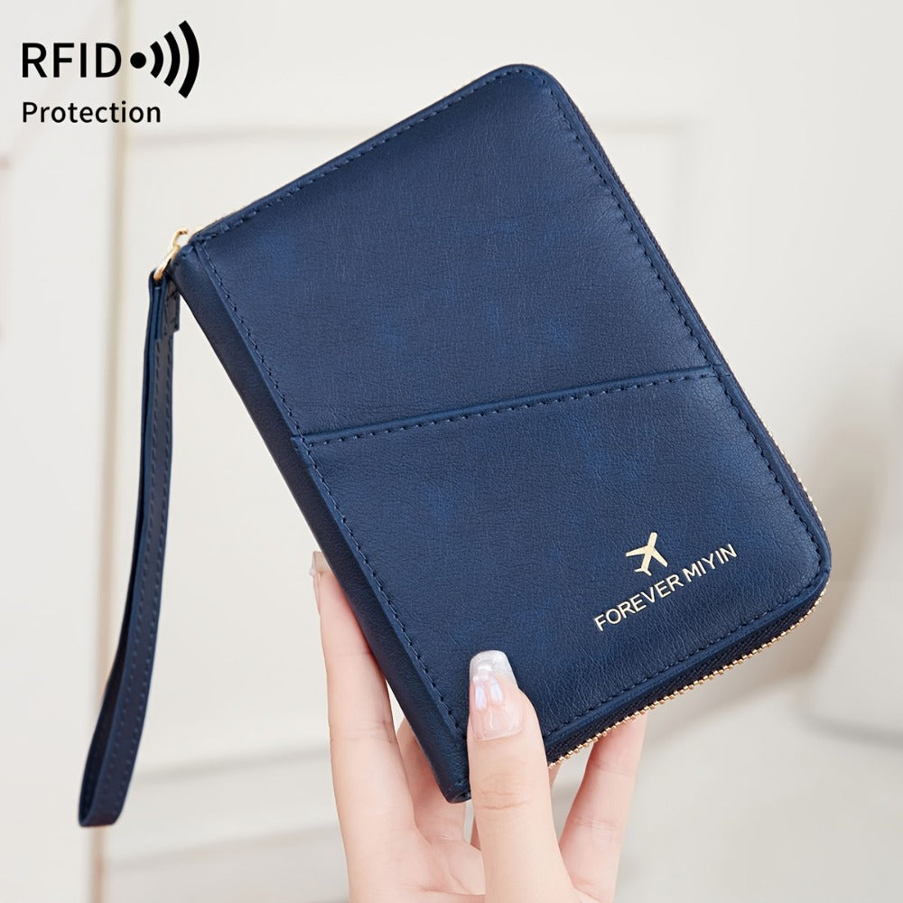 Portapassaporte RFID con cremallera y correa de muñeca, bolsa de almacenamiento multifuncional portátil para viajes, pasaporte y documentos, tarjetero