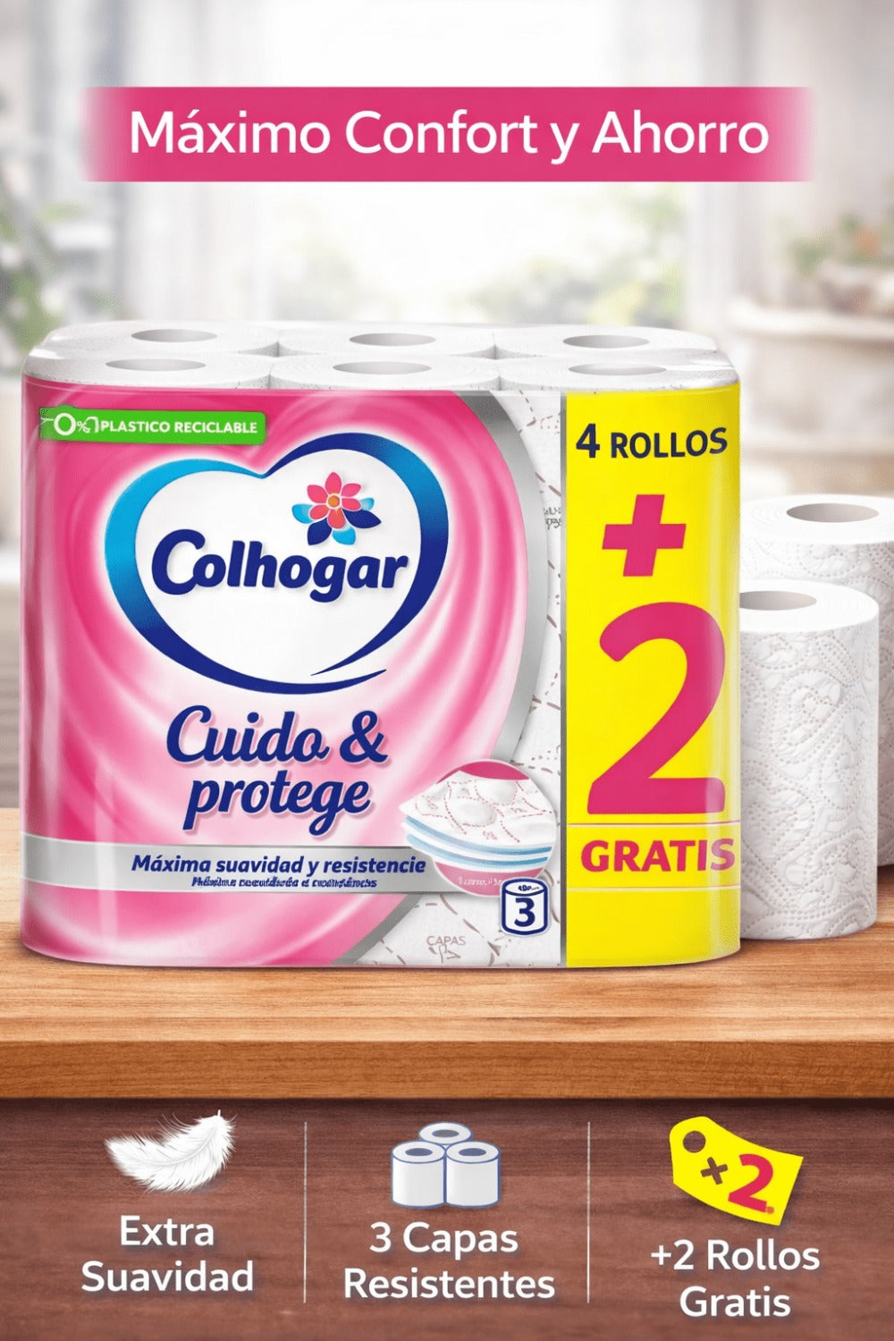 Papel Higiénico Colhogar Cuida & Protege – 3 Capas, Pack 4+2 Rollos (6 Rollos)