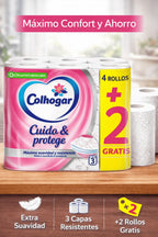 Papel Higiénico Colhogar Cuida & Protege – 3 Capas, Pack 4+2 Rollos (6 Rollos)