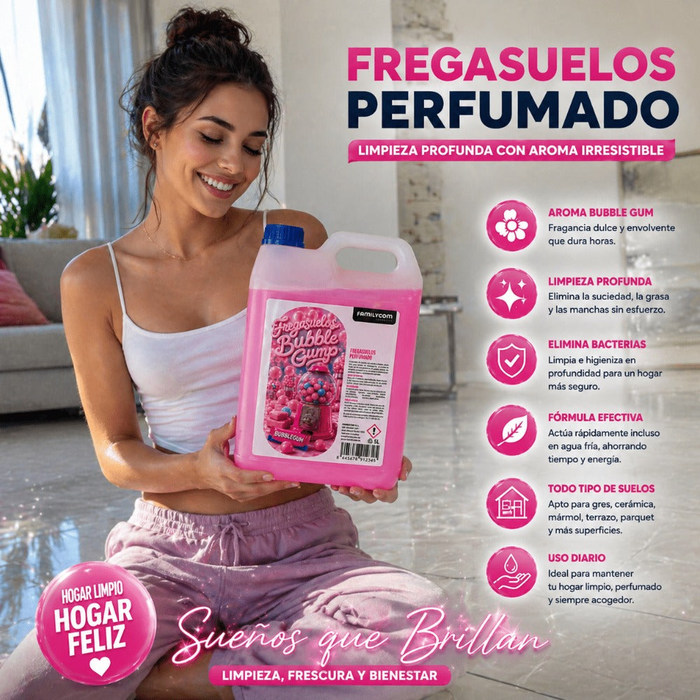 GrupoFamily Fregasuelos Concentrado - Friegasuelos Perfumado Duradero Aroma Chicle Bubble Gump - Limpieza, Brillo e Higiene - Limpiasuelos pH Neutro Todo Tipo de Suelos, Superficies Delicadas - 5 Litros
