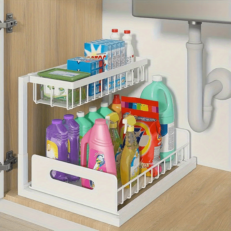 1 estante ajustable para debajo del fregadero, un estante extraíble de metal diseñado para ahorrar espacio con un organizador de doble capa para gabinetes de cocina, perfecto para organizar y despejar tu área de fregadero. Este estante de cocina moderno c
