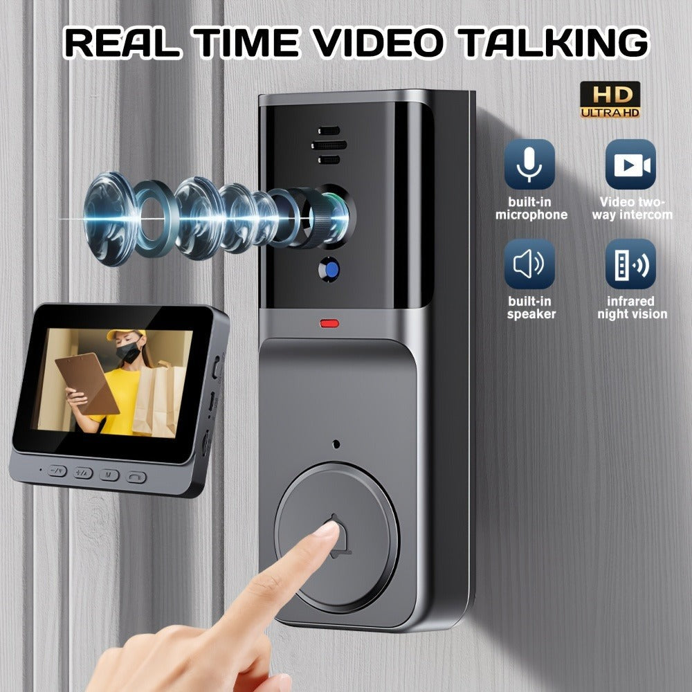 1pc Timbre Inalámbrico con Cámara Sin WiFi, Video Intercomunicador Inalámbrico con Pantalla IPS de 10.92cm, Lente Gran Angular, Audio Bidireccional, Visión Nocturna, Para Seguridad en el Hogar