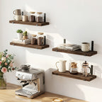 Un juego de cuatro estantes de pared rústicos de madera marrones, ideales para almacenamiento flotante en la cocina, el dormitorio y la sala de estar, estantes flotantes