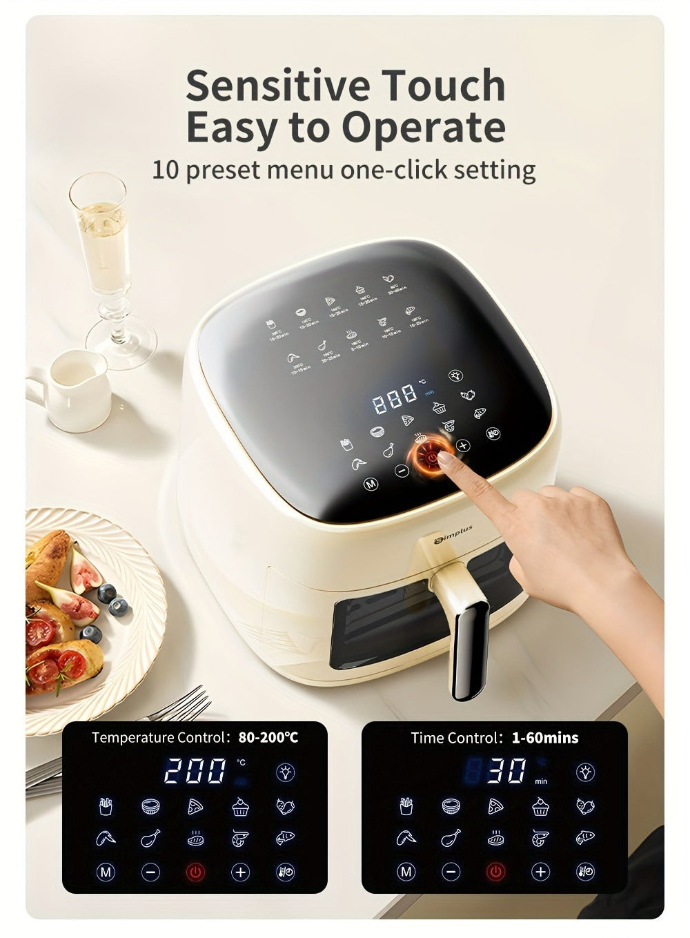 La freidora de aire Simplus tiene una amplia capacidad de 6.5L, adecuada para 5 a 8 personas. Es compacta para un fácil almacenamiento y cuenta con una ventana de cocción visual junto con una pantalla táctil LCD holográfica completa para un uso sencillo.
