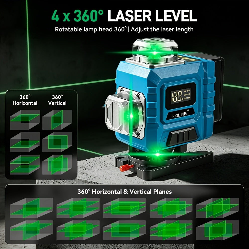 1 Juego de Nivel Láser de 16 Líneas con Nivelación Automática, Herramienta de Nivel Láser de Línea Cruzada Verde 4D de 4x360°, Trípode como Accesorio Opcional, Para Construcción y Colgar Cuadros