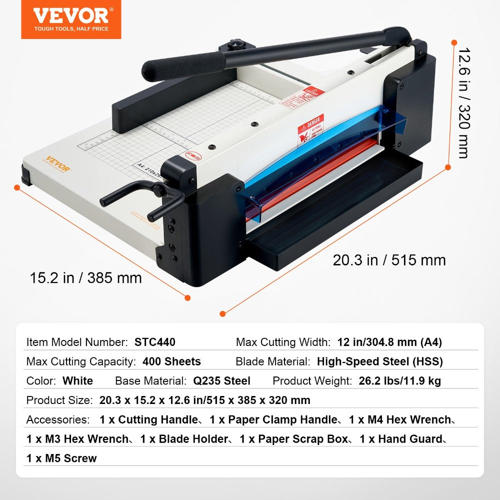 VEVOR Cortadora de papel 12" A4 Cizalla de papel Trimmer 400 Hojas Capacidad Base metálica