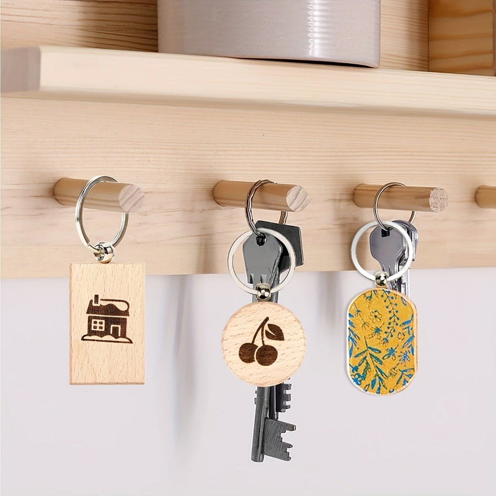 Dofiki Juego de 30/60 Llaveros de Madera, Redondos/Cuadrados/Ovalados, Grabados con Láser, Adecuados para Regalos Hechos a Mano de Bricolaje, Varios Llaveros y Etiquetas para Llaves