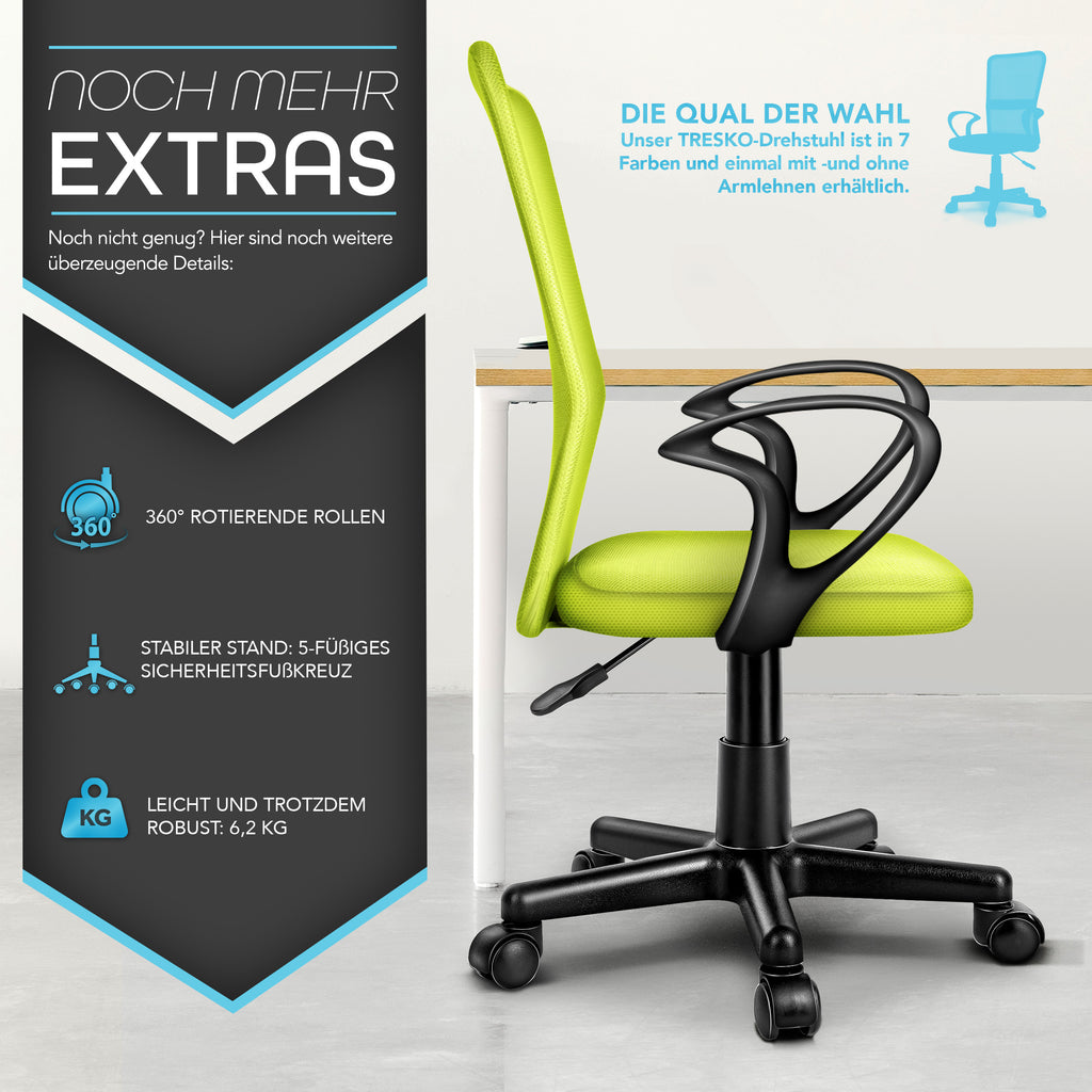 Silla de Oficina TRESKO® con Reposabrazos, Altura Ajustable Continua | Silla Giratoria de Malla Transpirable | Silla de Escritorio con Ruedas de Plástico Ligeras, Superficie Acolchada, Ajuste Ergonómico | Silla de Ordenador Ideal para Oficina en Casa, Hab