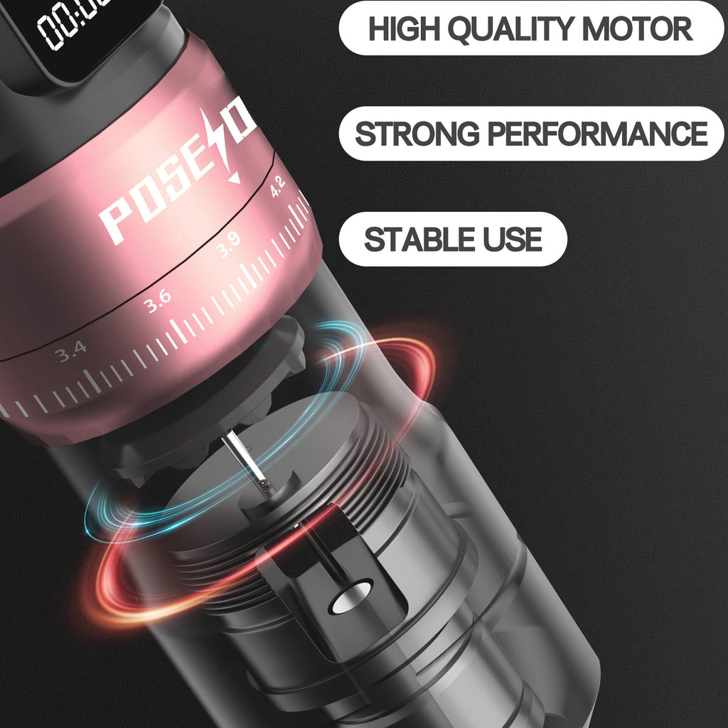Kit de pluma máquina de tatuaje rotativa inalámbrica POSEIDON, motor sin núcleo de trazo ajustable de 2.4-4.2 mm, dos baterías con pantalla digital de 2300 mAh, viene con 10 agujas de tatuaje y otras adiciones