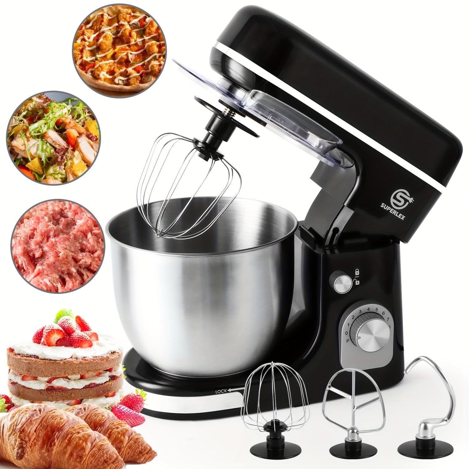 SUPERLEX Batidora de Pie 3 en 1 de 5L con 8 Velocidades, Máquina de Cocina con Función Pulse, Gancho para Masa, Batidor y Batidor de Huevos para Hornear Pasteles y Pan