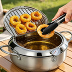 Olla freidora de acero inoxidable con tapa, sartén para freír profunda que ahorra aceite con termómetro, utilizada para freír papas fritas, alitas de pollo y camarones, compatible con estufas de gas y placas de inducción, utensilios de cocina | Suministro