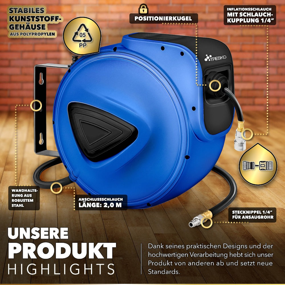 TRESKO® Carrete Automático para Manguera de Aire | Enrollador de Manguera de Aire de 1/4" | Soporte Automático para Manguera Montado en la Pared