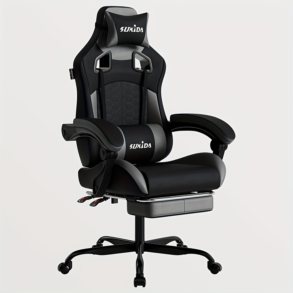 Silla Gaming, Silla Esports, Silla Gaming Ergonómica con Reposapiés, Silla Gaming de Carreras con Reposacabezas Ajustable, Silla de Ordenador con Altura Ajustable y Soporte Lumbar, Adecuada para Oficina en Casa y Gaming, Beige, Azul, Negro, Rojo, Naranja