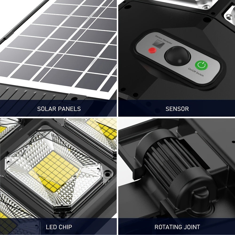 Luz de calle solar con sensor de movimiento y mando a distancia de 504 LED, luz solar de jardín con 3 modos de iluminación, reflector de seguridad de gran angular de 270°, luz de patio exterior de doble hilera superbrillante, para emergencias en calles co