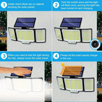 2 luces solares de pared para exteriores, 348 LED, con sensor solar y control remoto, luces plegables ultra brillantes de 3 cabezales para exteriores, focos de jardín sin cableado, para calles comerciales, luces de garaje y luces de emergencia en entradas