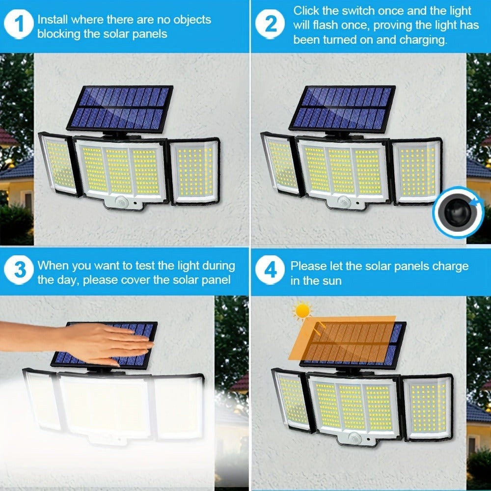 2 luces solares de pared para exteriores, 348 LED, con sensor solar y control remoto, luces plegables ultra brillantes de 3 cabezales para exteriores, focos de jardín sin cableado, para calles comerciales, luces de garaje y luces de emergencia en entradas