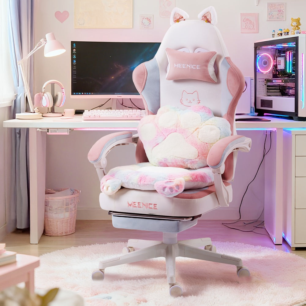 Silla de Oficina Rosa Adorable, Forma de Orejas de Gato con Respaldo de Patas de Gato - Silla Ergonómica Reclinable para Computadora, con Reposapiés Ajustable, Capacidad de Carga de 136.08 KG, Asiento Estético Exclusivo para Adultos, Máxima Comodidad