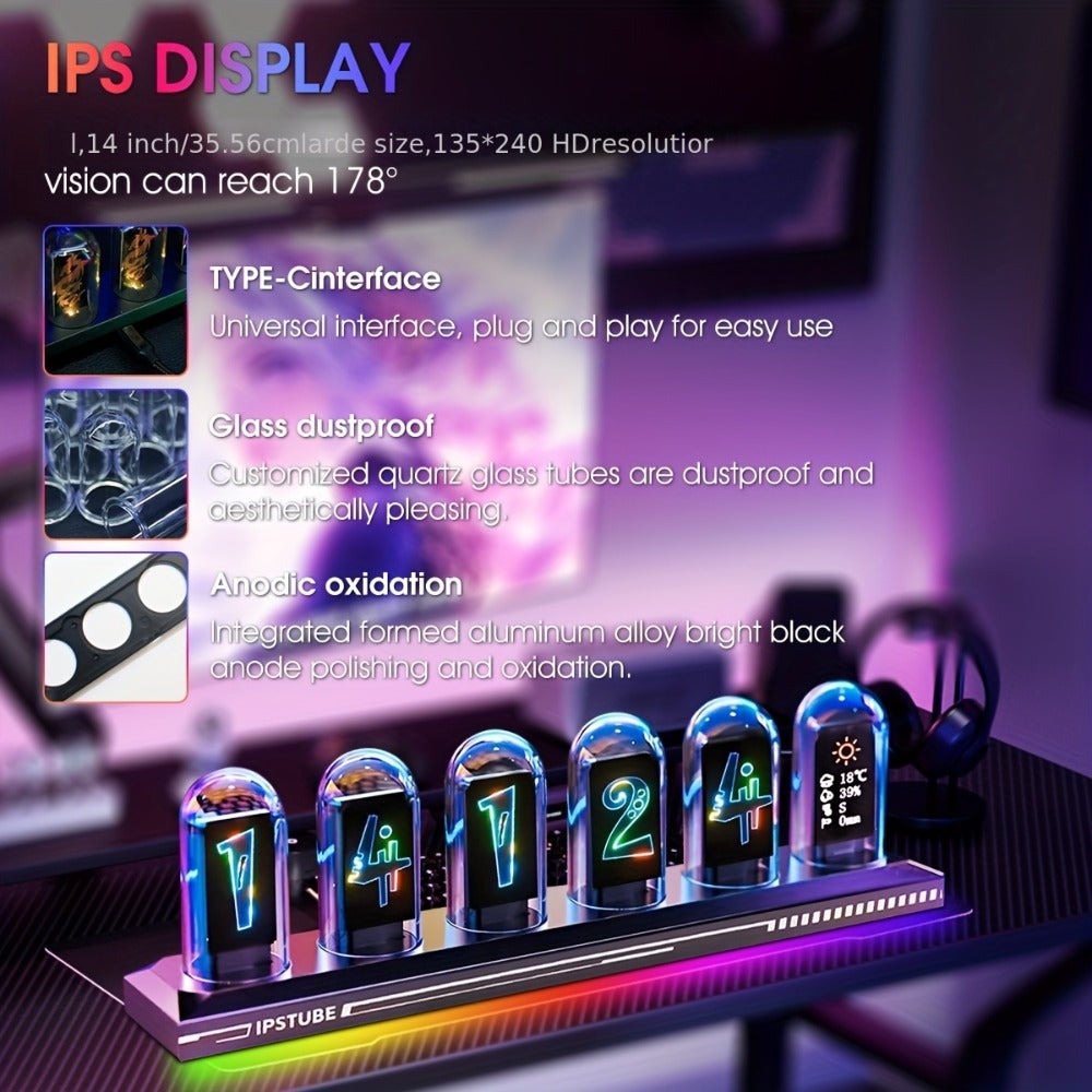 Reloj digital RGB de tubo Nixie con luz de noche y cable USB, reloj analógico IPS que brilla, compatible con calibración de hora Wi-Fi, control por aplicación, modo clima, para decorar escritorio, habitación, para regalo