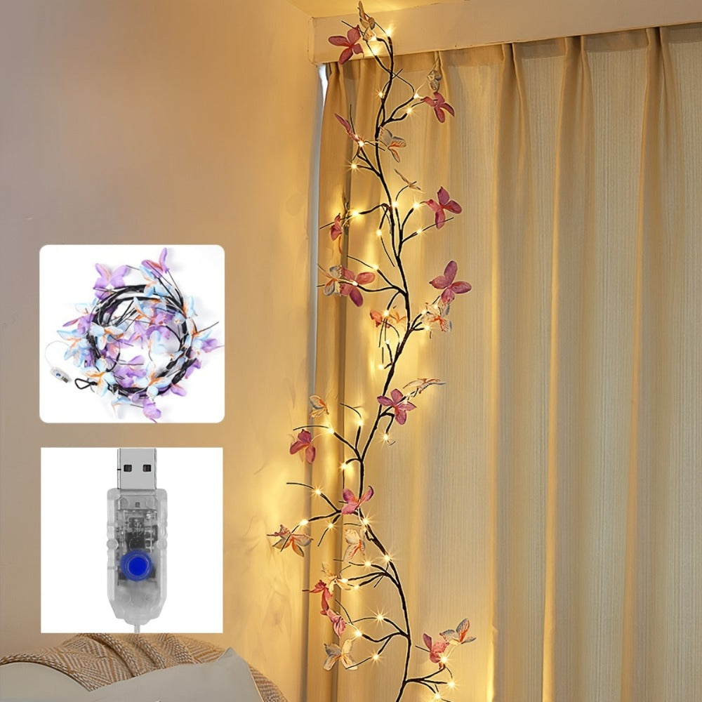Luz LED de rama con mariposas 1.3 m | Para dormitorio, patio y decoración
