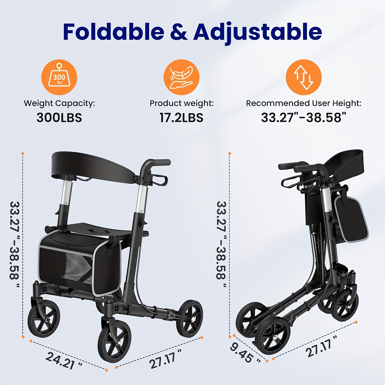 Andador rollator plegable con asiento 136.08 kg 20.32 cm | Movilidad, paseo y apoyo diario