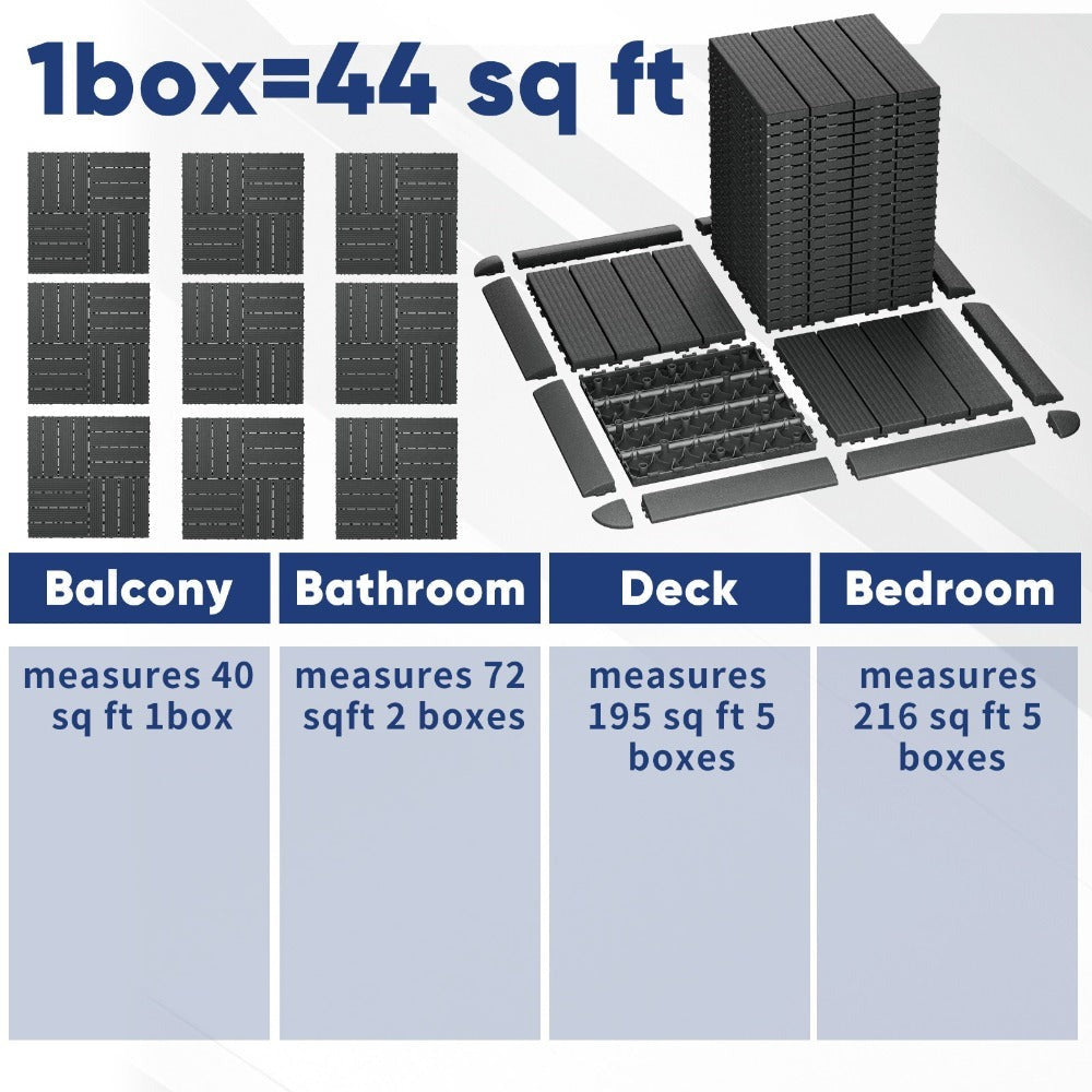 44 piezas de baldosas de composite para terraza exterior de 29.97 X 29.97 cm, pisos entrelazados para terraza, baldosas de piso de terraza rápidas, pisos impermeables para patio, balcón, jardín y exteriores, 44 baldosas por caja de 43.05 pies cuadrados, 1