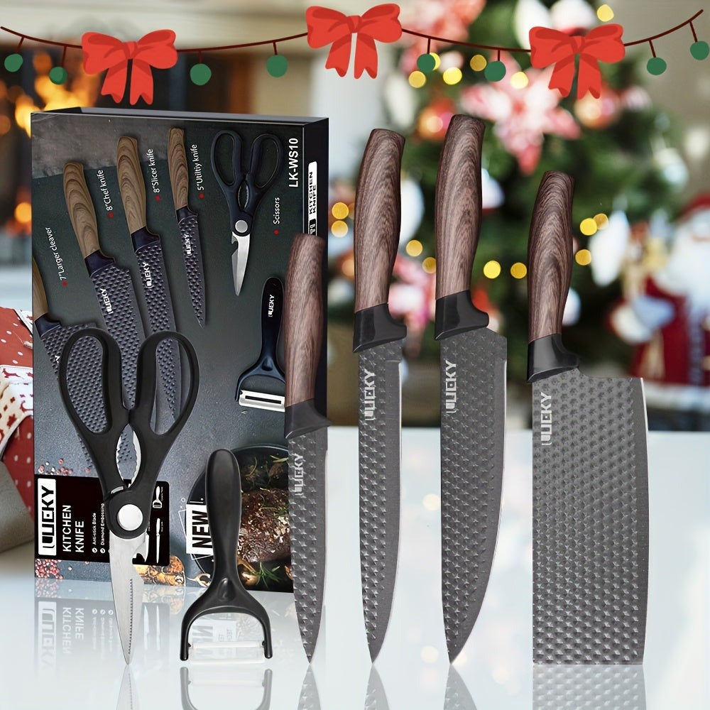 Este juego de 6 cuchillos de cocina presenta varios tamaños, hojas de acero inoxidable ultra afiladas y mangos marrones duraderos, lo que lo hace ideal tanto para uso en la cocina como para acampar al aire libre. Viene en una caja de regalo, lo que lo con