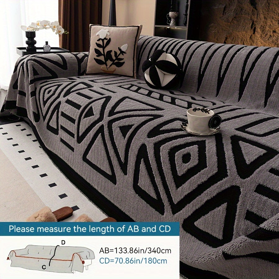 1 Funda de Sofá Geométrica Moderna de Felpa - Para Todas las Estaciones, a Prueba de Polvo, Protector de Sofá Amigable con Mascotas en Blanco y Negro/Crema - Lavable a Máquina, Se Adapta a Sofás de Un a Cuatro Plazas para la Decoración de la Sala de Estar