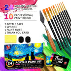 TBC The Best Crafts Juego de 24 Pinceles de Colores, 10 Pinceles Profesionales + Esponja + Cuchillo de Pintura, Incluye 250 ml (8.45 oz) de Pintura Acrílica por Cada Uno, No Tóxico, para Uso Artístico Profesional