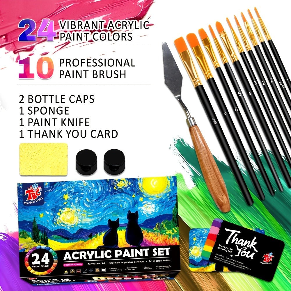 TBC The Best Crafts Juego de 24 Pinceles de Colores, 10 Pinceles Profesionales + Esponja + Cuchillo de Pintura, Incluye 250 ml (8.45 oz) de Pintura Acrílica por Cada Uno, No Tóxico, para Uso Artístico Profesional