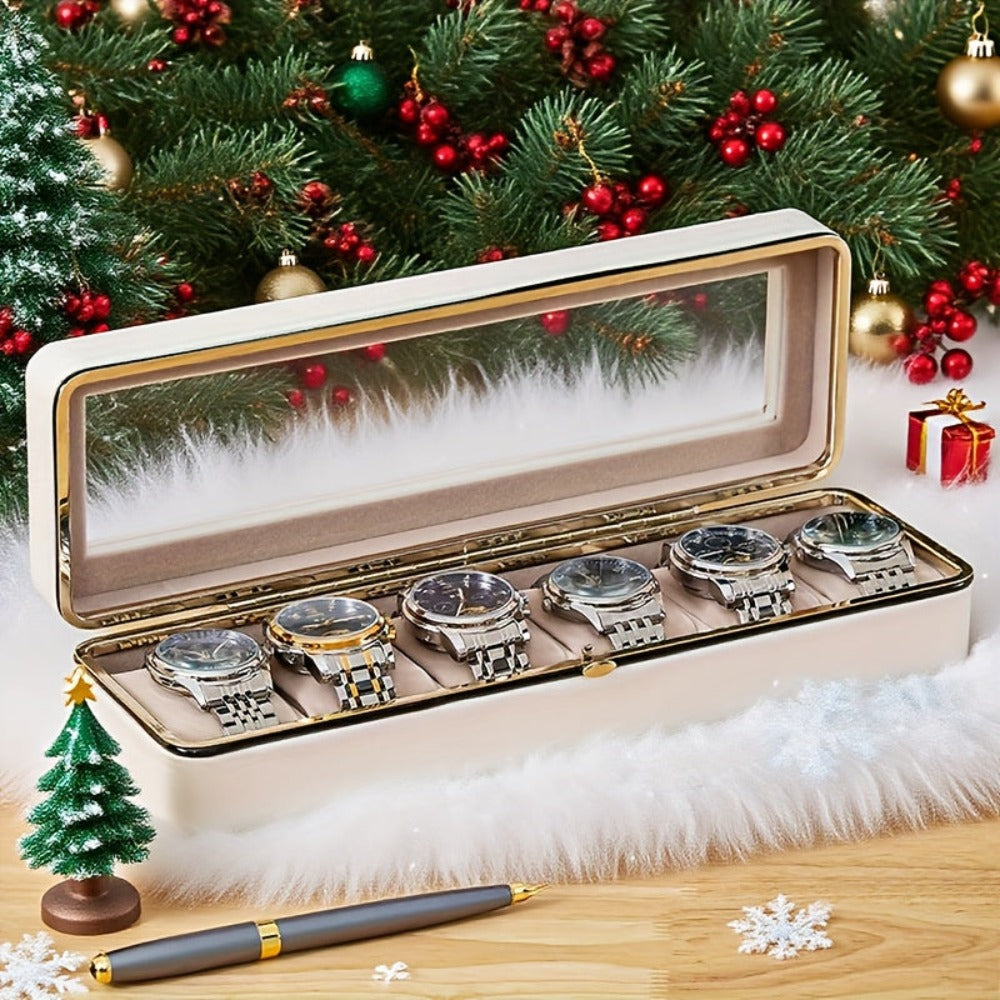 Caja de almacenamiento de relojes de lujo con 6 compartimentos y tapa transparente - Espacio de almacenamiento espacioso, adecuada para relojes mecánicos y de cuarzo para hombres y mujeres, diseño portátil para uso doméstico o de viaje, solución de almace