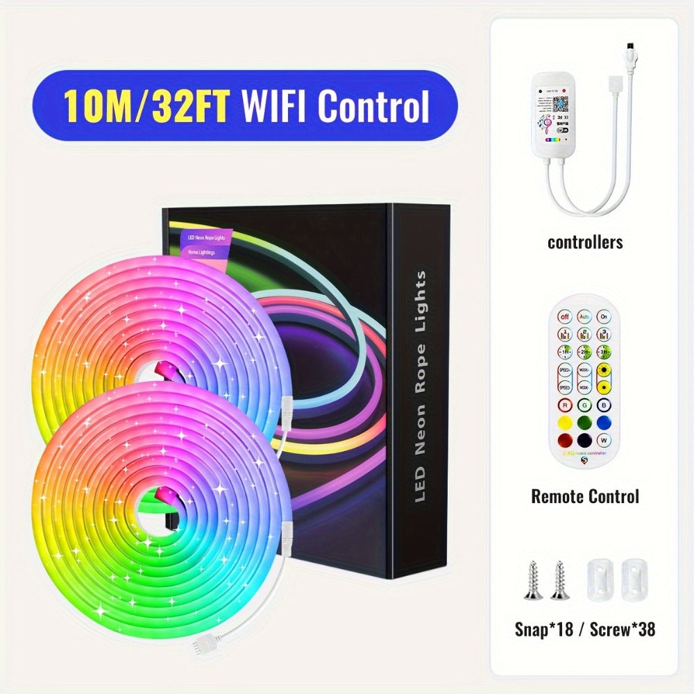 Tira de luz LED neón regulable de 5/10 metros, función, tira de luz neón RGB para juegos con sincronización de música controlada por aplicación, fuente de alimentación estándar europeo, adecuada para uso en interiores, cocina, sala de estar, techo de dorm
