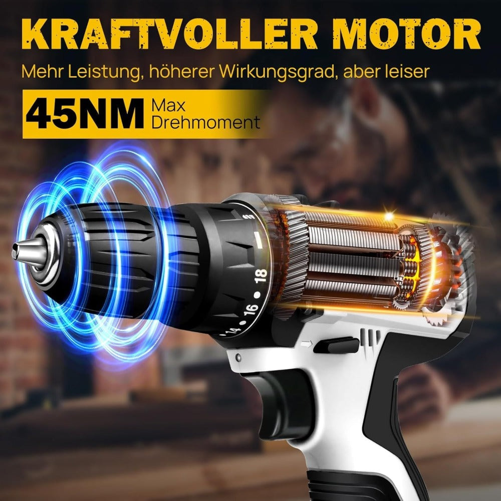 Atornillador Inalámbrico de Poder con 1x O 2x Baterías y 23 Puntas, 18+1 Ajuste de Torque, Taladro Combi de 2 Velocidades, Kit de Taladro con Garfio de 3/8" con Caja de Almacenamiento para Bricolaje en el Hogar, Luz LED para Cemento, Hormigón, Techo, Ladr