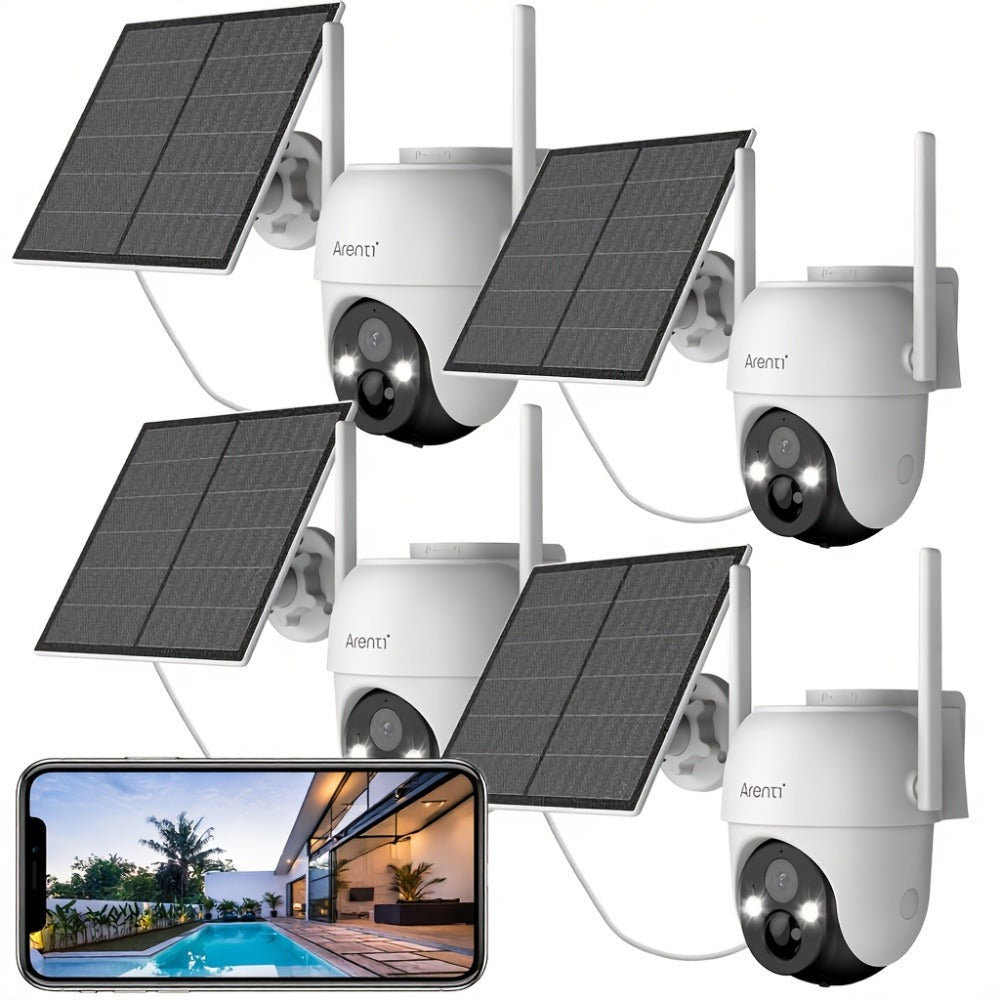 4 cámaras de seguridad de visión nocturna a color Laxihub, cámara de video PTZ Wifi, audio bidireccional, cámara de seguridad inalámbrica inteligente para el hogar con seguimiento de movimiento, alimentada por energía solar, monitoreo exterior y detección