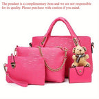 Juego de 4 piezas de bolso para mujer de moda retro con relieve, bolso tote simple de gran capacidad, bolso cruzado casual y versátil de un solo hombro, un colgante de oso al azar, bolso de mano portátil, monedero, adecuado para desplazamientos diarios, v